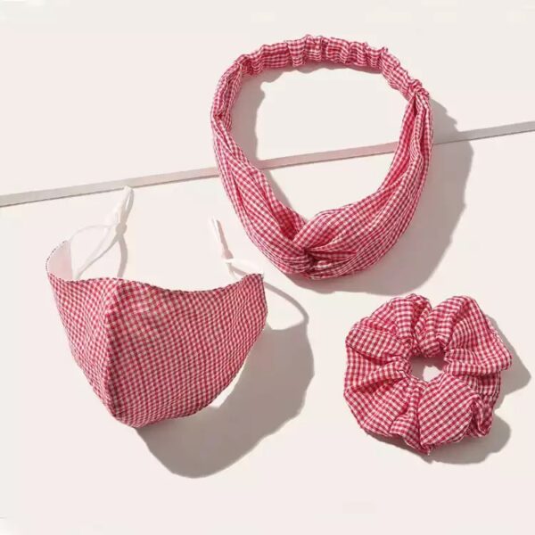 red checkered mask, headband and scrunchies set - Image 3