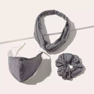 black checkered mask, headband and scrunchies set