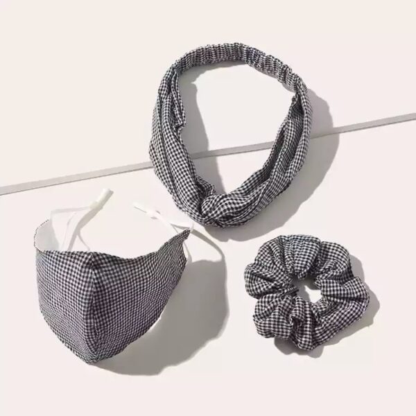 black checkered mask, headband and scrunchies set - Image 2