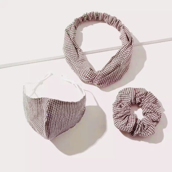 brown checkered mask, headband and scrunchies set - Image 2