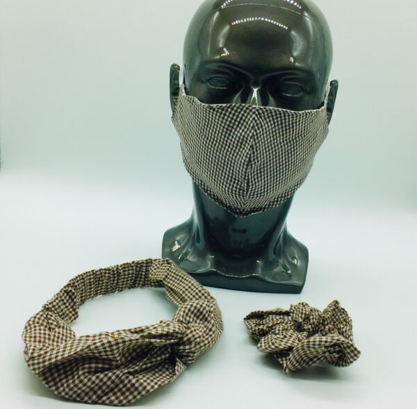 brown checkered mask, headband and scrunchies set