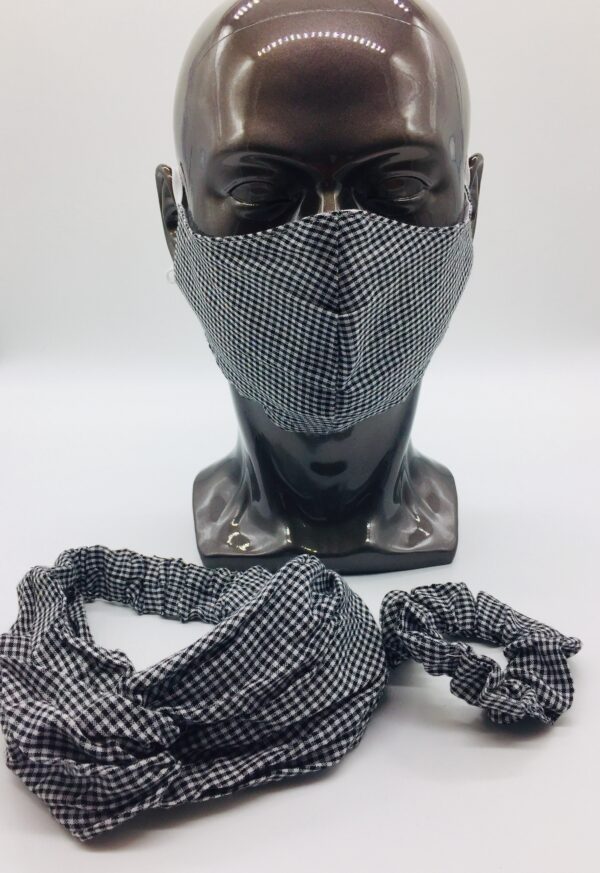 black checkered mask, headband and scrunchies set
