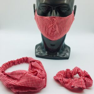 red checkered mask, headband and scrunchies set