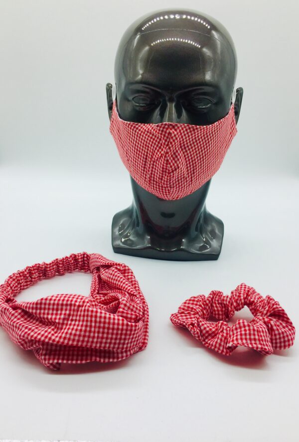 red checkered mask, headband and scrunchies set - Image 2