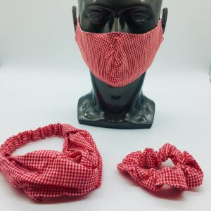red checkered mask, headband and scrunchies set