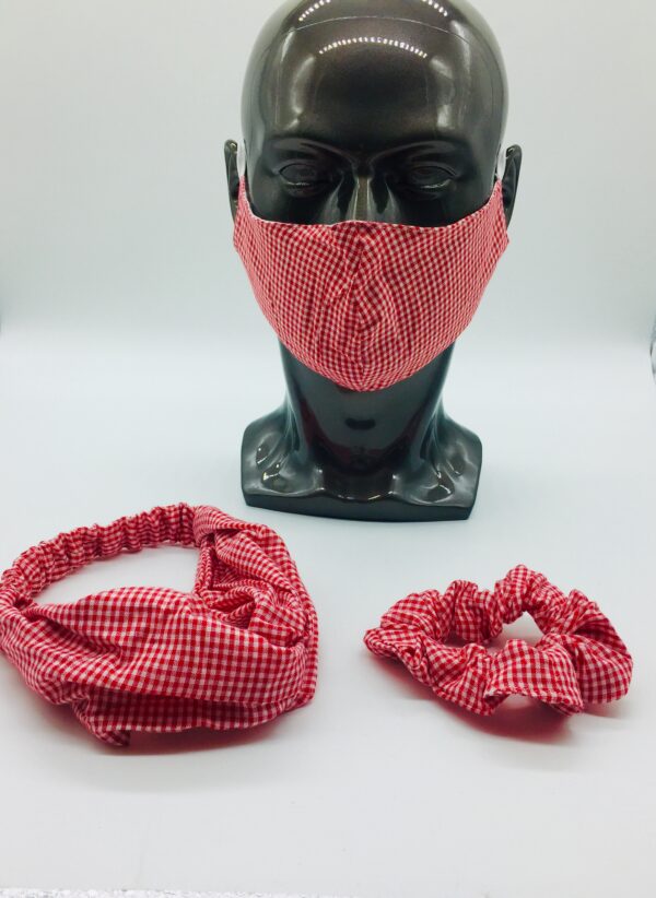 red checkered mask, headband and scrunchies set